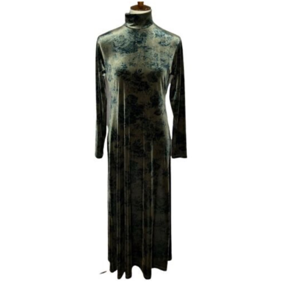 Vintage Jones New York Dress L Green Floral Velvet Burnout Goth Vamp Whimsigoth